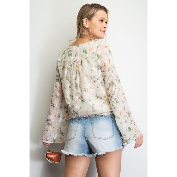 Easel Floral Print Boho Surplice Ivory Chiffon Blouse Tie Waist Long Sleeves, S - Picture 2 of 5